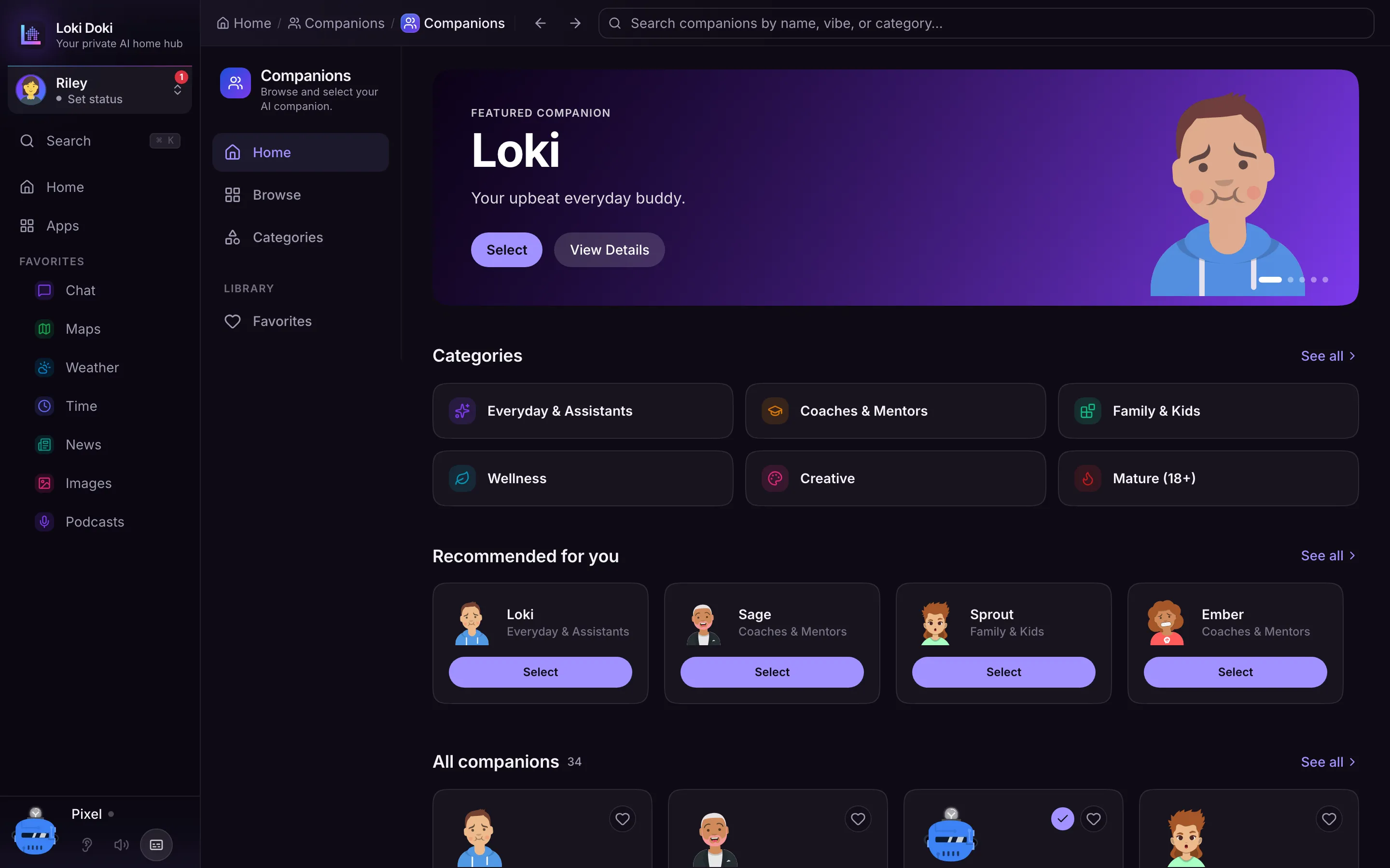 The Companion Store: browse companion personalities by category, favorite the ones you like, and make one yours