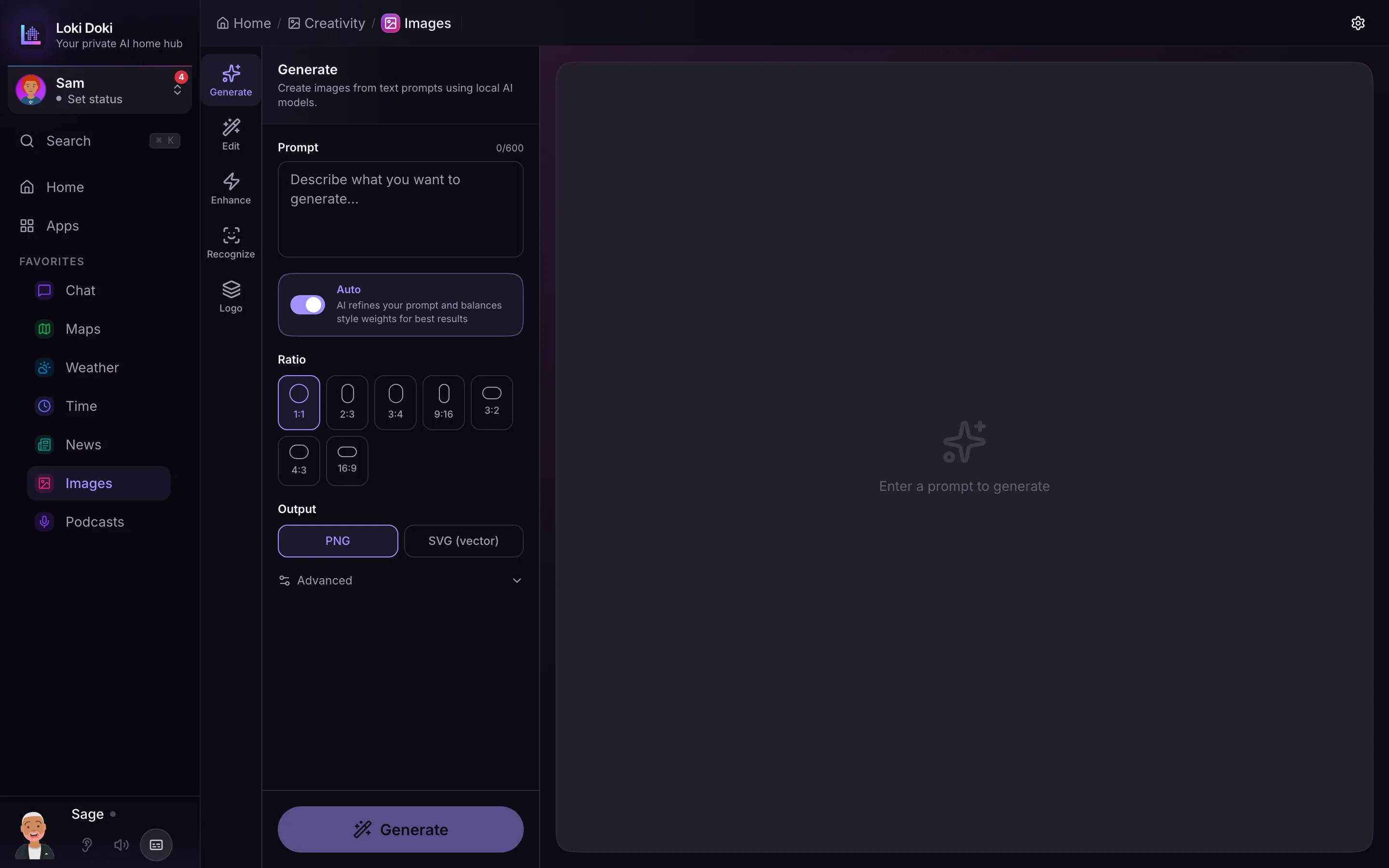 The Generate page: describe what you want, pick a ratio and output format, and create images on your own hardware