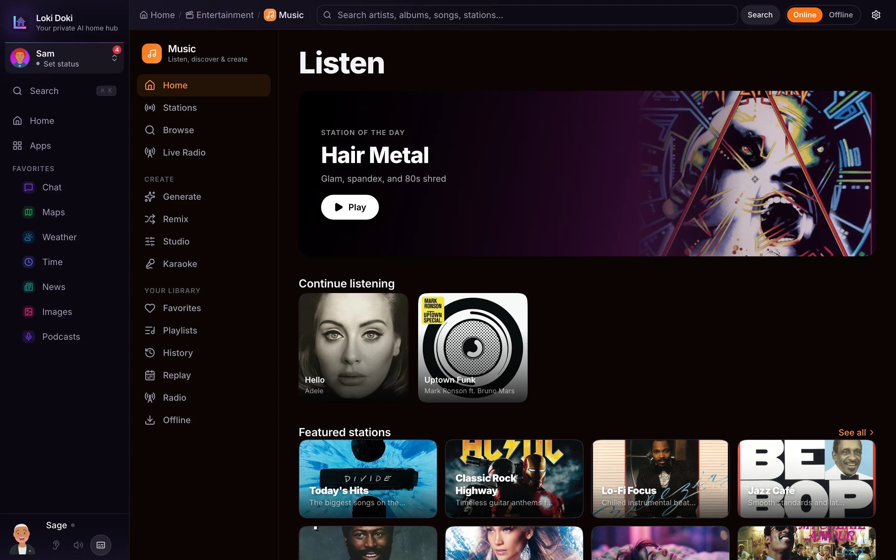 The Music home page: a featured station of the day, your continue-listening shelf, and rows of AI radio stations to browse