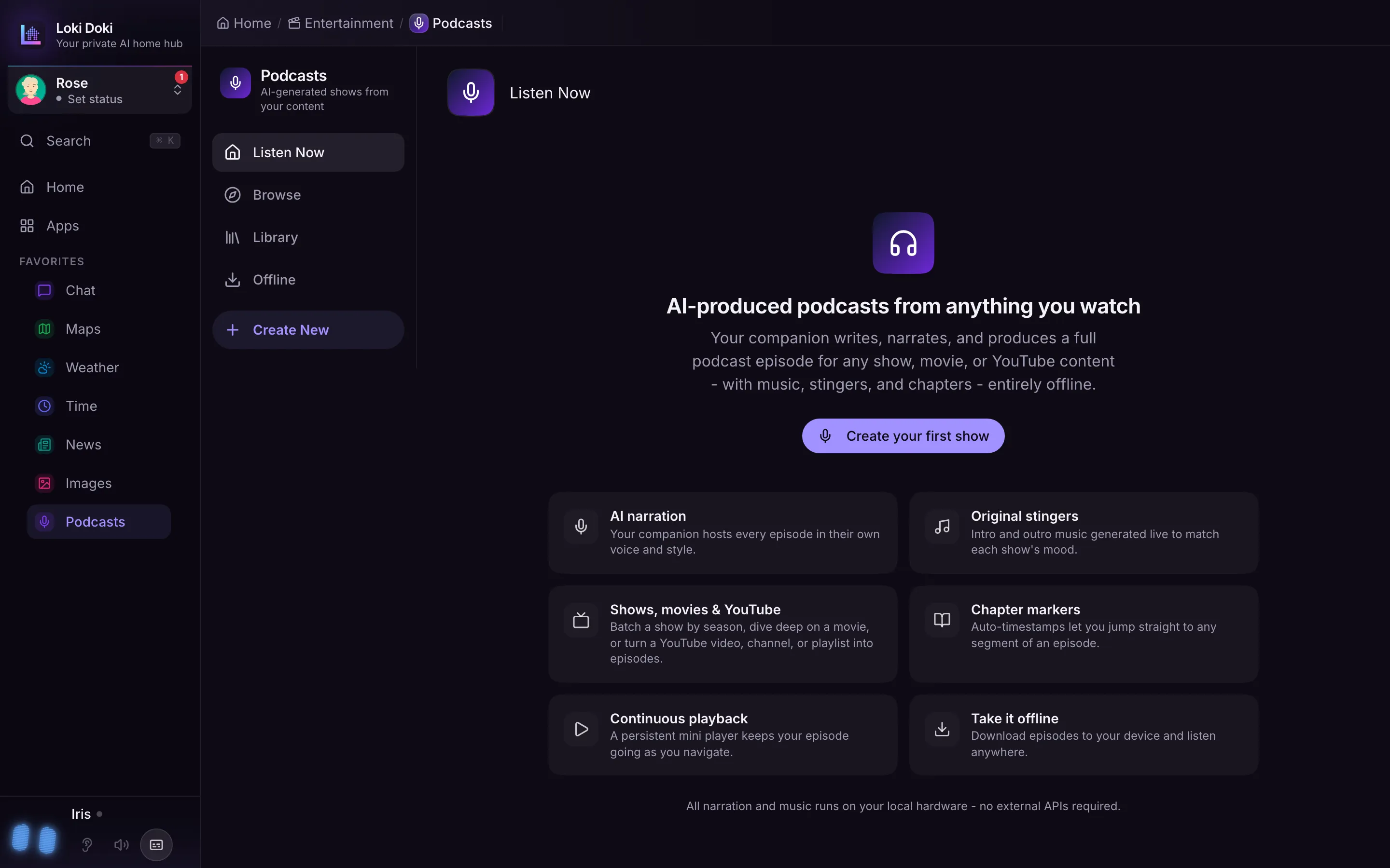 The Podcasts app: AI narration, original stingers, chapter markers, and offline listening — produced entirely on your hardware